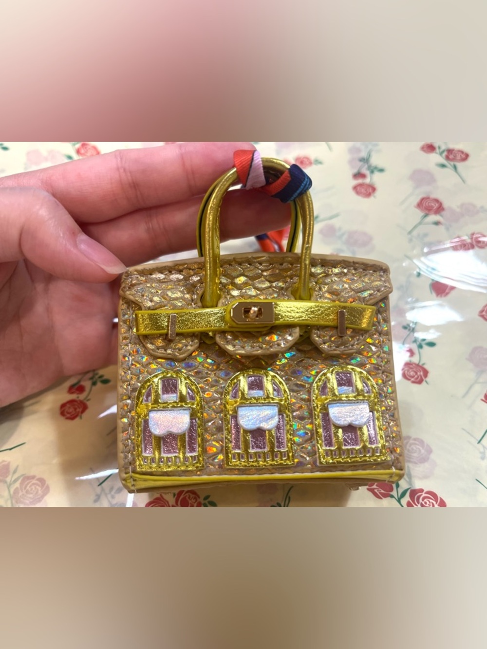 Mini Bag Charm Gold Sparkly Textured Building Design Cute